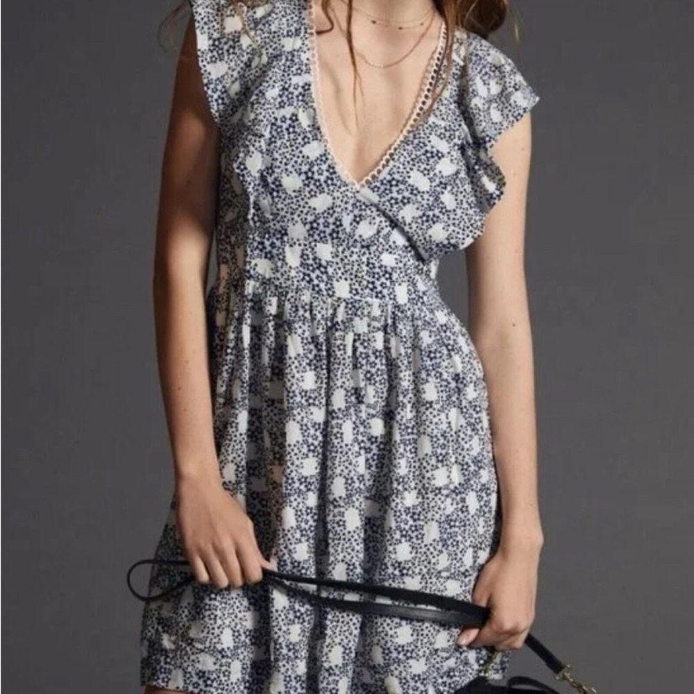 Anthropologie Blue and White Floral Mini Dress